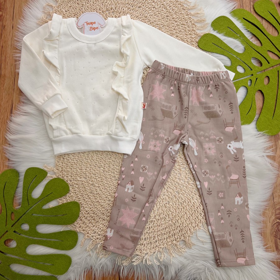 Conj. Casaco de Moletom com Strass e Calça Legging Casinhas - Off White